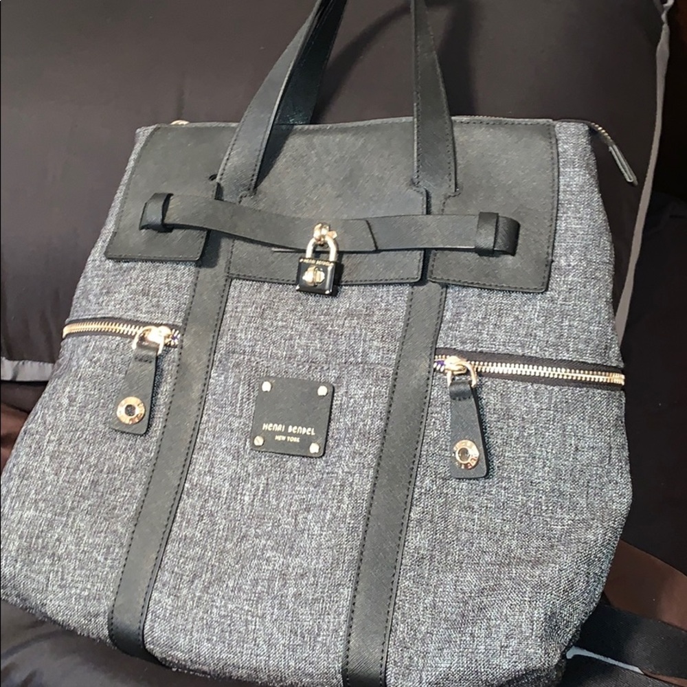 henri bendel jet setter large in denim with black